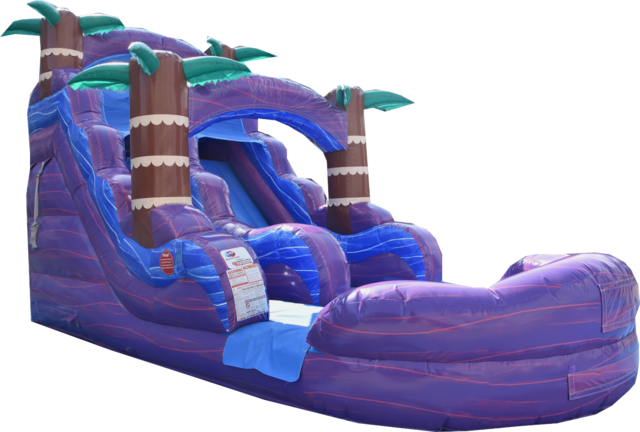 A large purple inflatable water slide with two lanes, set up outdoors on grass, suitable for events in Rowlett, TX.