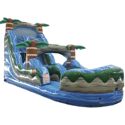 18ft Blue Hurricane water slide with vibrant blue waves and a splash pool, ideal for summer parties and events.