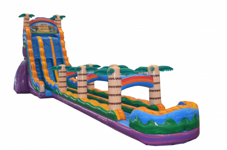 A large inflatable water slide with a tiki theme, featuring vibrant colors and palm tree designs, suitable for outdoor events