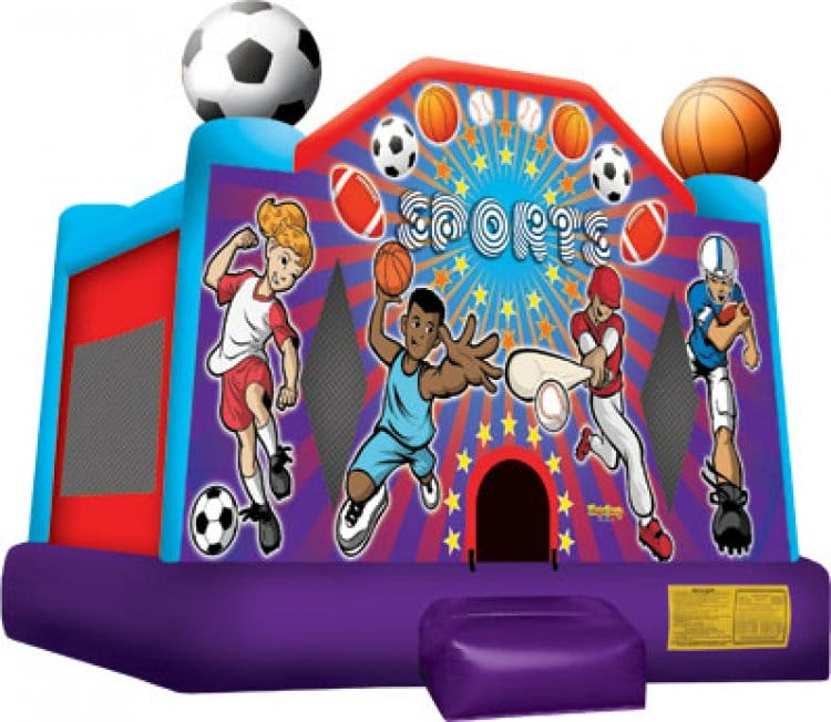 Colorful inflatable bounce house with a sports theme, featuring basketball, soccer, and football graphics on a grassy area.
