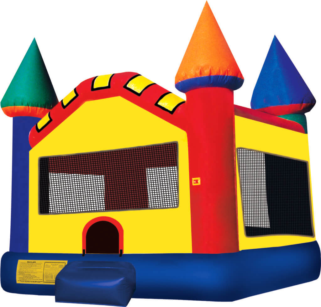 Colorful castle bounce house with turrets and slide, set up on grass, ideal for children's parties and outdoor events.