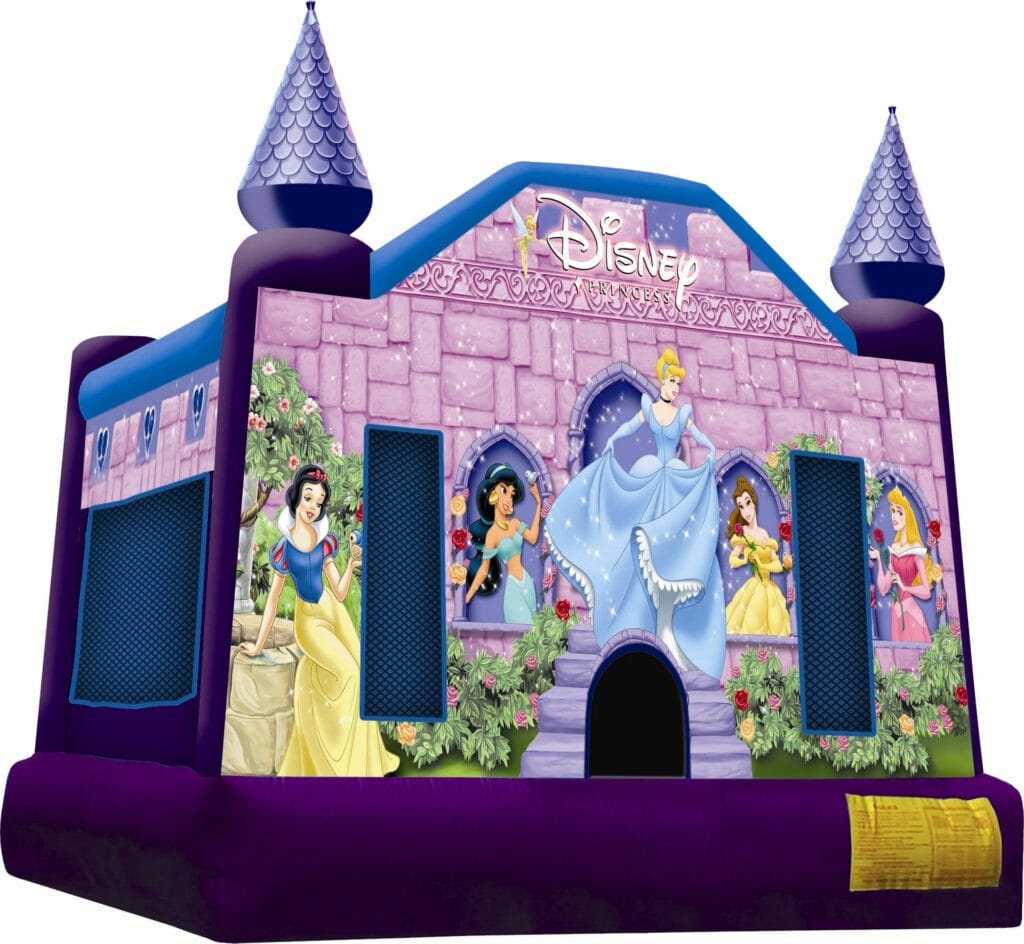 Disney Princess bounce house with vibrant castle design, featuring beloved characters, ideal for children's parties.