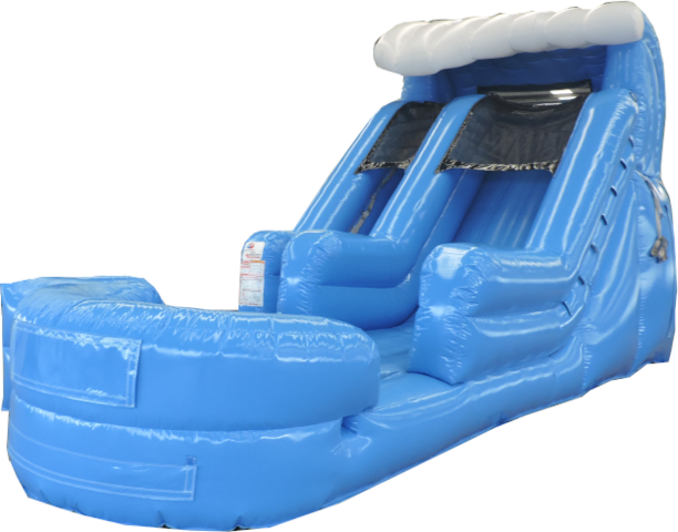 Large inflatable surf slide with blue and white waves, set up outdoors on grass, suitable for parties and events.
