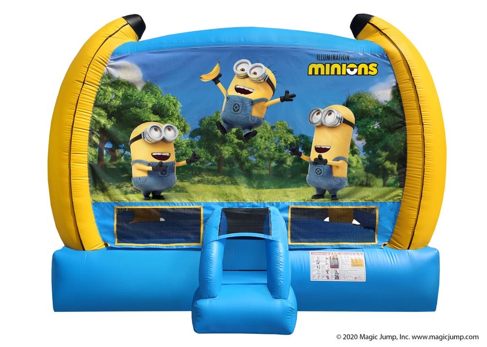 Minions-themed bounce house with colorful inflatable walls and roof, featuring characters from Despicable Me movie.