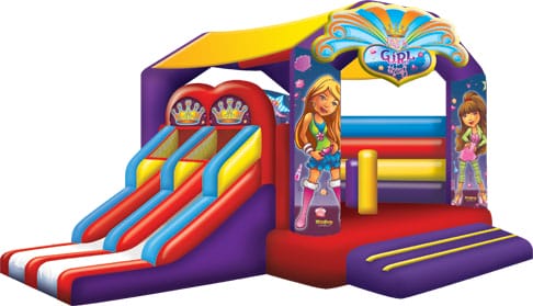 A colorful party setup featuring pink and purple decorations, balloons, and a table with themed party supplies for a girls' e