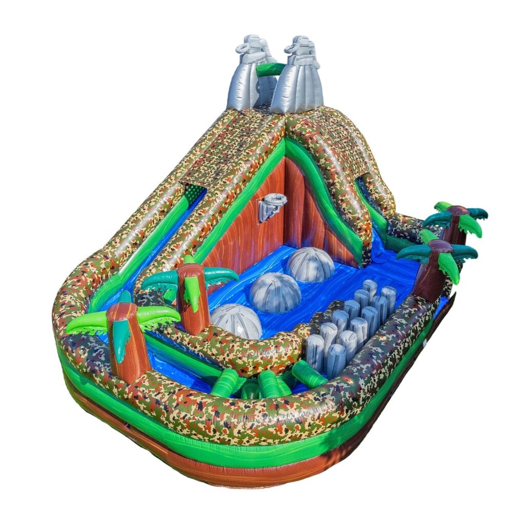 Inflatable obstacle course with colorful barriers and slides, designed for interactive play at events or parties.