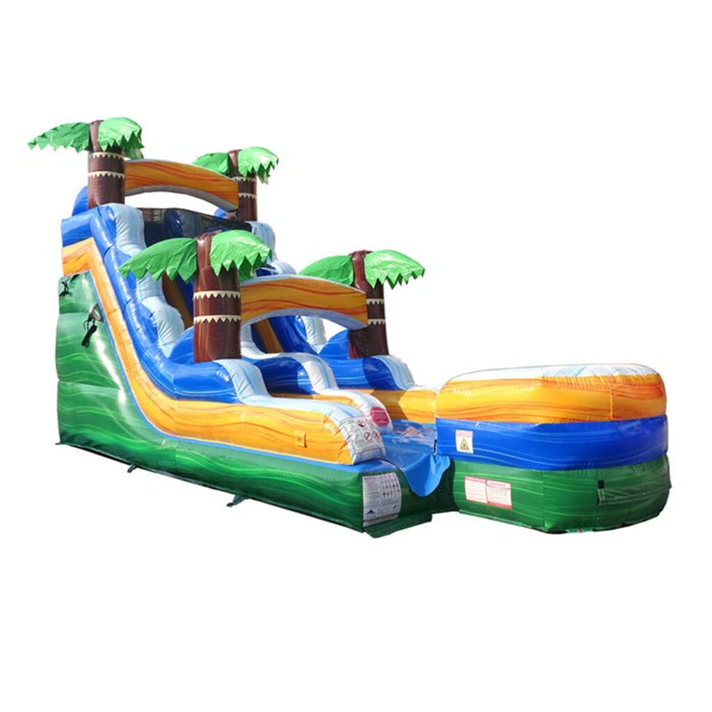 Commercial inflatable water slide in tropical green marble design with blower, suitable for parties and events.