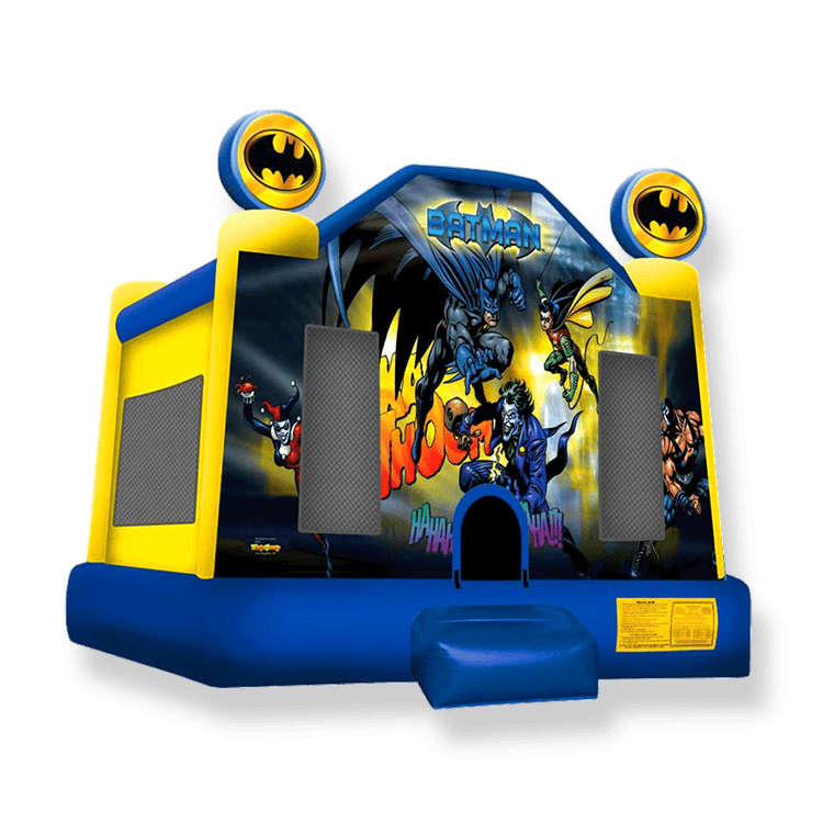 Batman-themed bounce house with a large Batman logo and Gotham City skyline, perfect for children's parties and events.