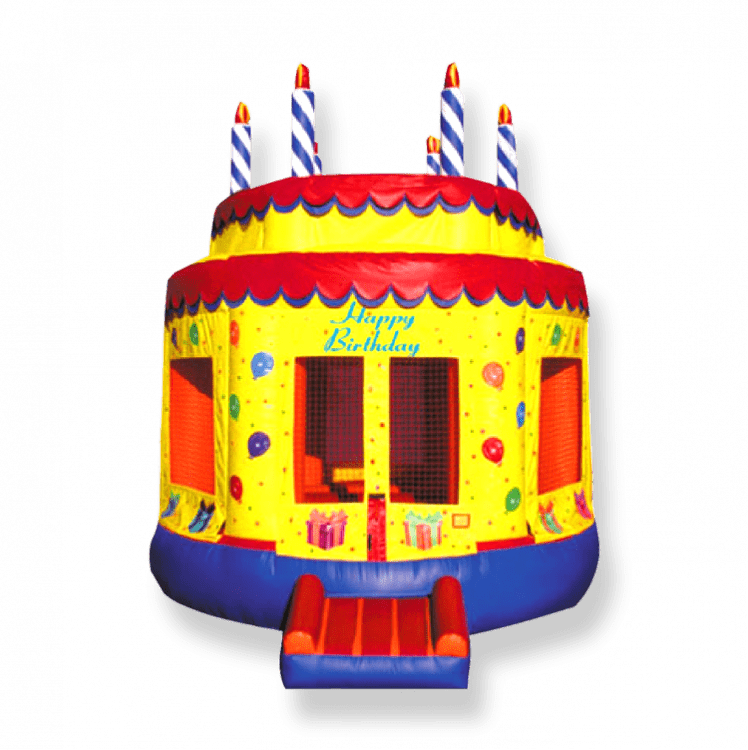 A colorful birthday cake-themed bounce house with vibrant decorations, ideal for children's parties and outdoor events.