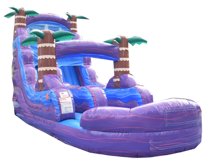 A large, vibrant purple inflatable water slide with multiple lanes, set up on a grassy area, ideal for outdoor events.