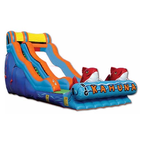 Colorful inflatable water slide with palm tree design, suitable for parties and events, set up on a grassy area.
