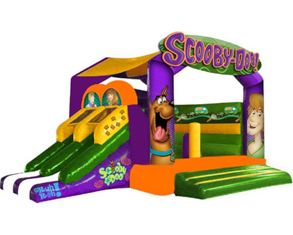 Colorful inflatable bounce house featuring Scooby-Doo theme with vibrant characters and playful design.