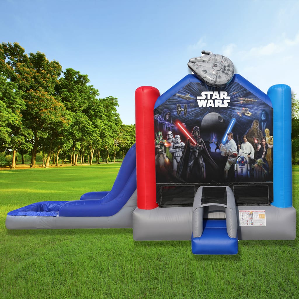 Star Wars-themed bounce house featuring characters like Darth Vader and Yoda, with vibrant colors and a slide.
