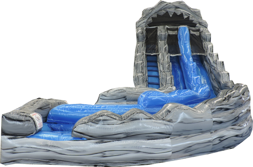 Double lane inflatable slide with snowy mountain theme, featuring two lanes for racing down. Ideal for parties and events.